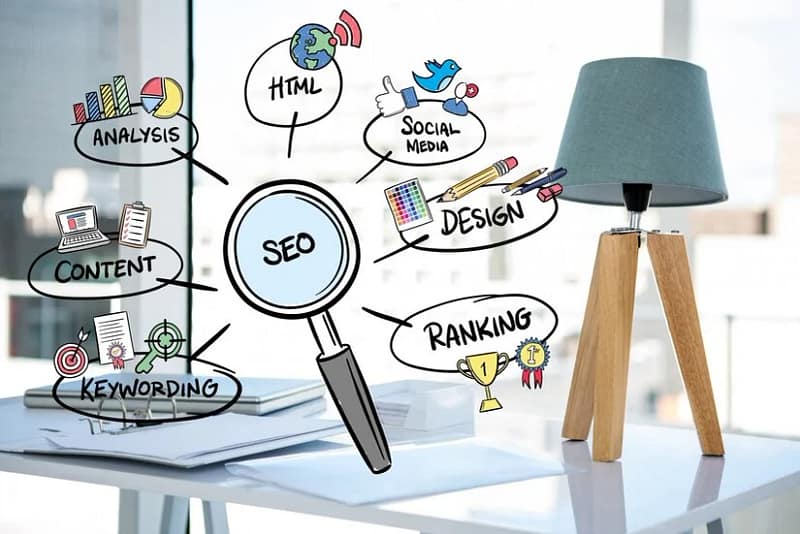 A table lamp and magnifying glass represent the seo concepts with the best seo company in Dubai